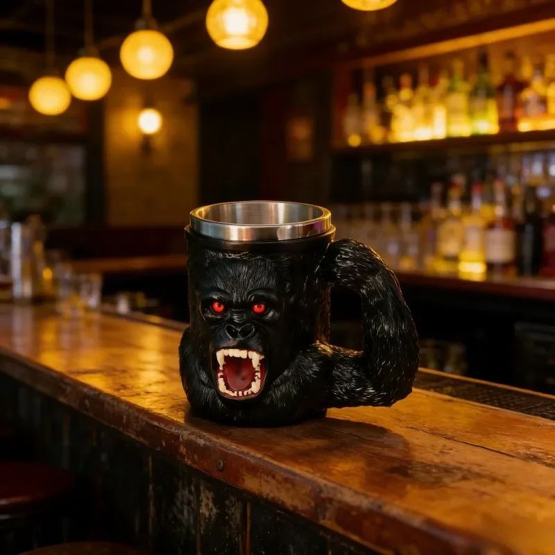 Gorilla Head Beer Tankard Stainless Steel 3D Animal Shaped Mug Unique Novelty Gift for Men Home Bar Office Coffee