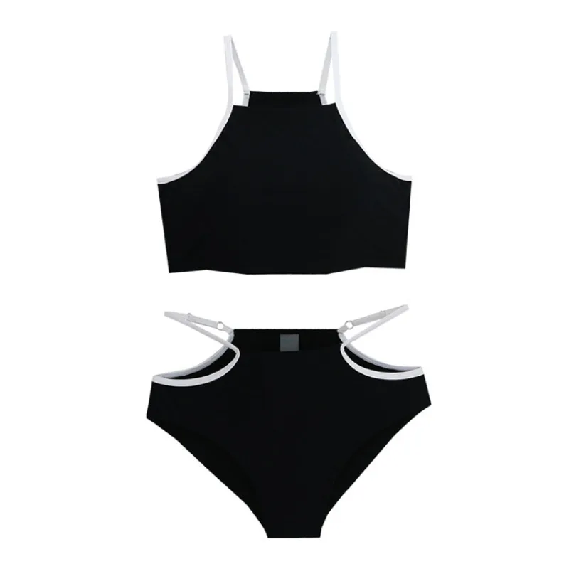 New Solid Color Split Bikini Women High Waist Covering Black White Contrasting Swimsuit Spicy Girl Hollow Hip Vacation Swimwear