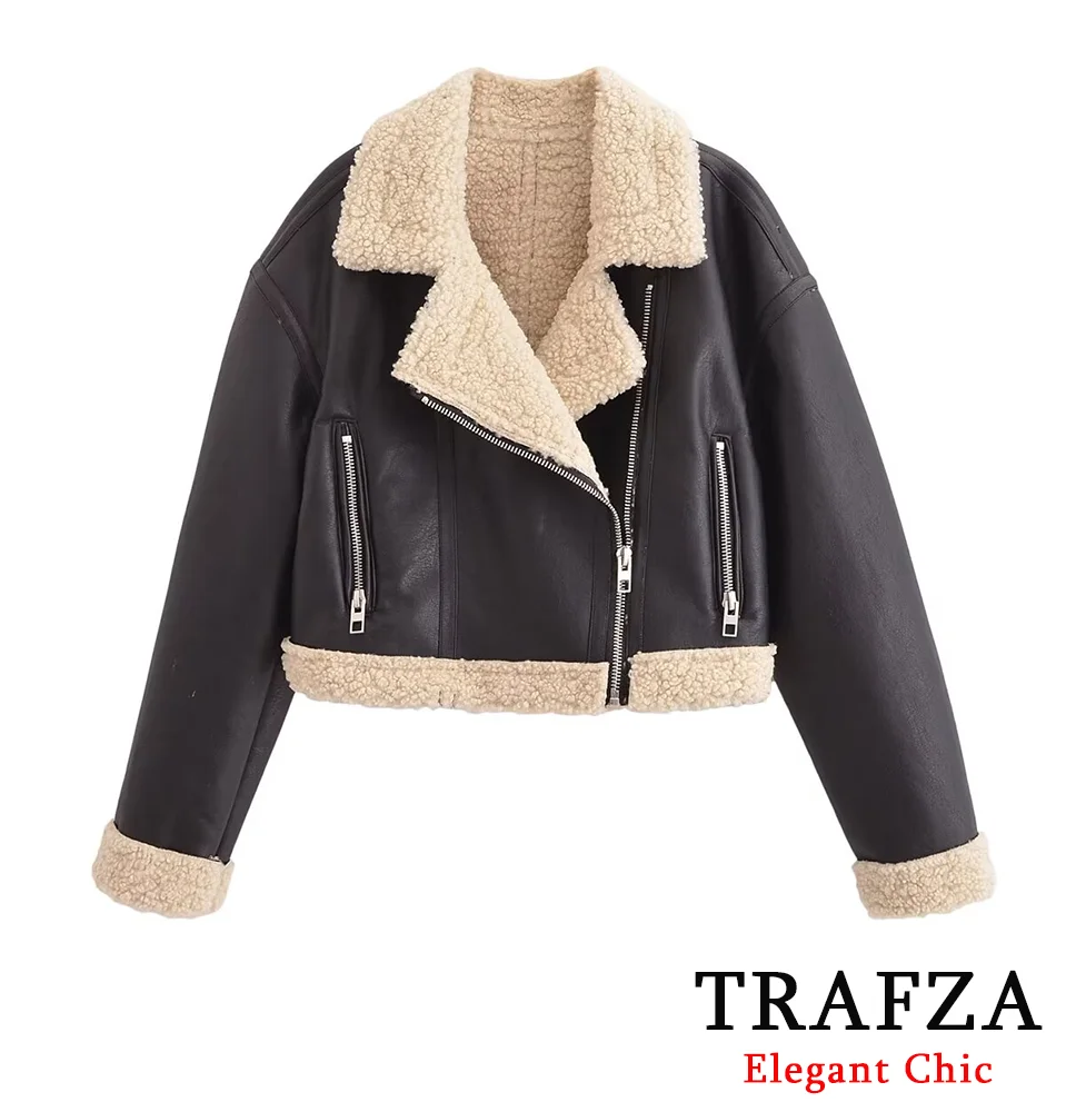 

TRAFZA Vintage Faux Leather Thick Jacket Women's Lapel Zipper Short Jacket Coat New 2024 Fall Winter Fashion High Street Jacket