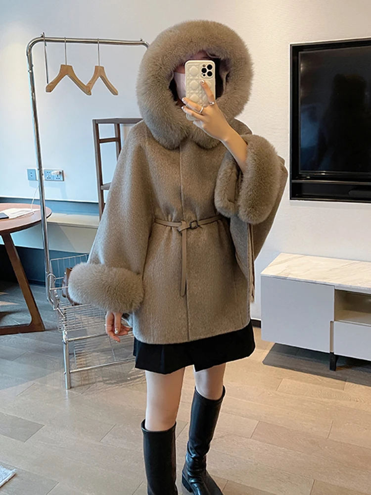 

Winter Women's Real Fox Fur Coat 100% Wool Cloak Cashmere Hooded Warm Jacket Luxury Thick Female Coat