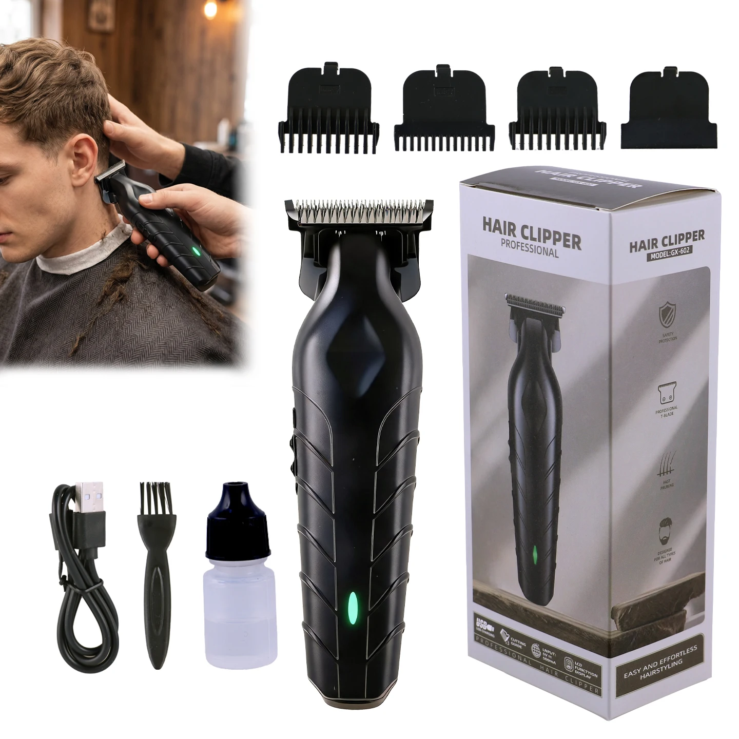 Professional 2‑in‑1 Men Hair Cutting Trimming Set USB Rechargeable Barber Styling Tool for Home Salon Hair Carving Haircut