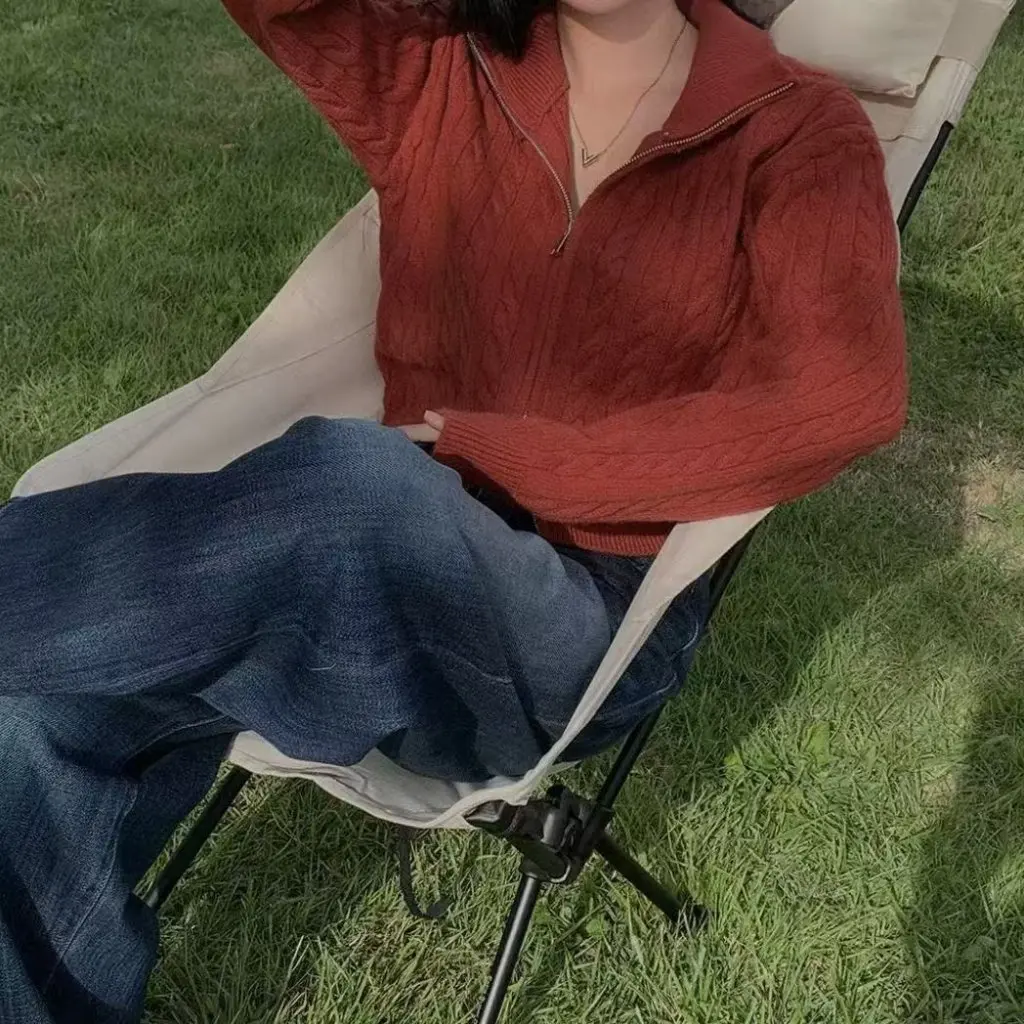 

Korean High-End Women's Knitwear Cardigan Jacket Double Zipper Twist Pure Color Soft Waxy Lapel Design Fashion Top