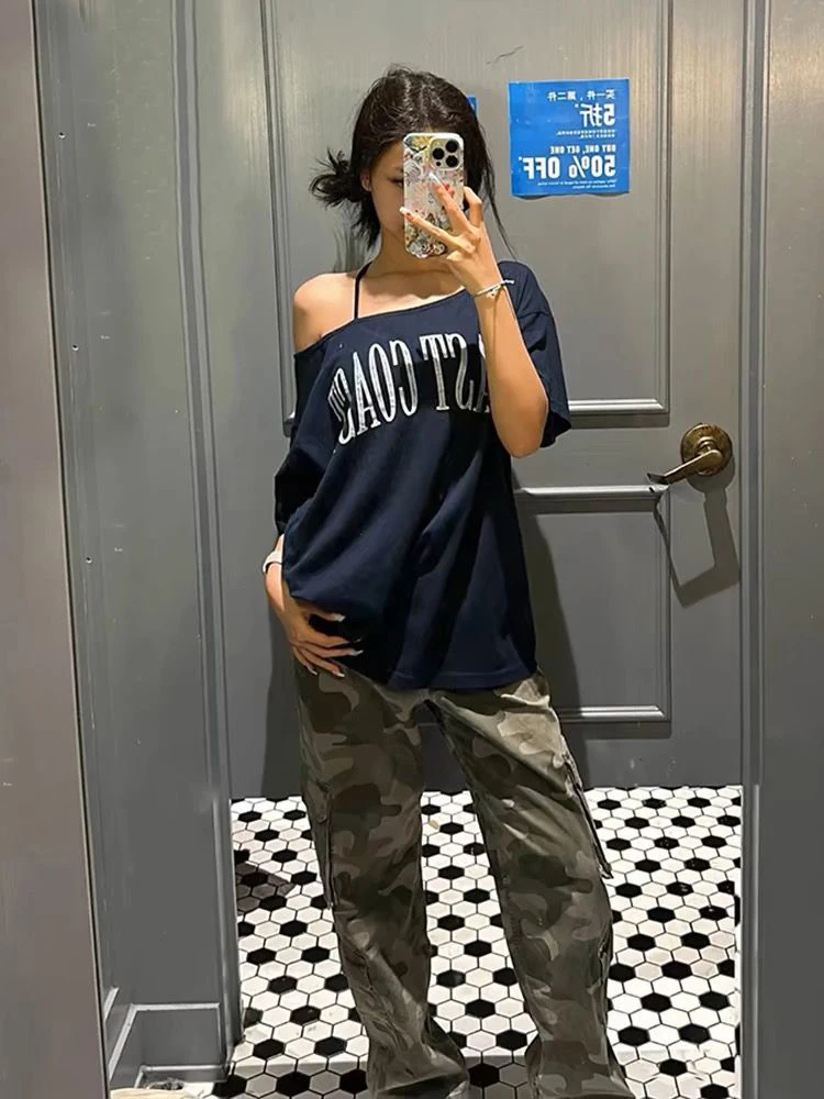 Y2k Vintage Summer Off shoulder Oversize T Shirt Women Short sleeve Korean Chic Crop Top Youth  Elegant Blouse Female Clothing image 6