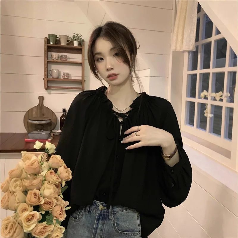 Ruffled V Neck Front Tie Button Down Blouse, Gathered Neckline Puff Balloon Long Sleeve Crinkled Texture Loose Casual Shirt