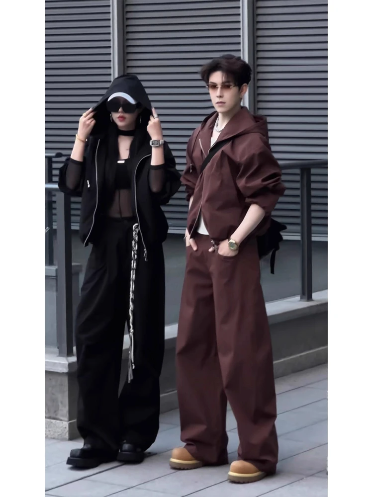 Men's 2025 Autumn New American Style Two-piece Sets Outdoor Hooded Jackets Simple Loose Coats Comfort Pants Solid Color 2pcs