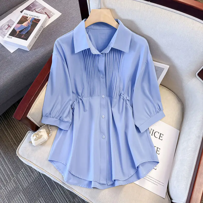 2024 Summer New Large Women\'s Fashion French Waist Reducing Age Short Sleeved Shirt Slimming Up Covering the Stomach and Hiding