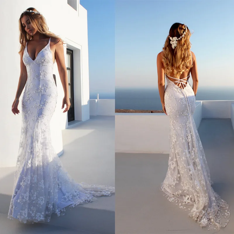 Customized Mermaid Women Wedding Dresses Appliques Court Train V Neck Backless Bridal Gowns Vestido De Noiva robe de mariée