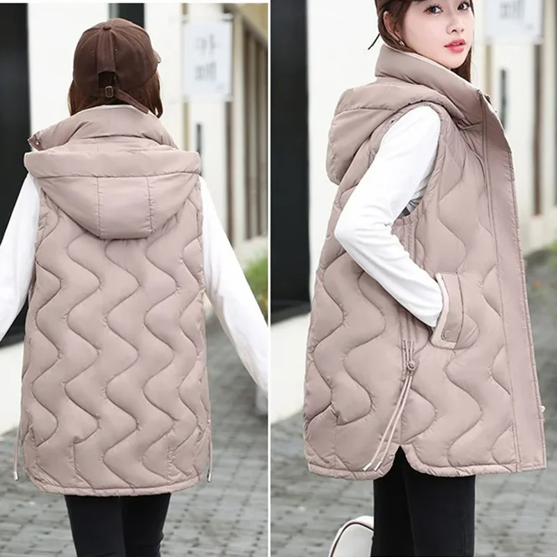 

Mid Long Cotton Vests Sleeveless Jacket Women Coat 2026New Autumn Winter Hooded Waistcoat Puffer Parkas Warm Down Cotton Outwear