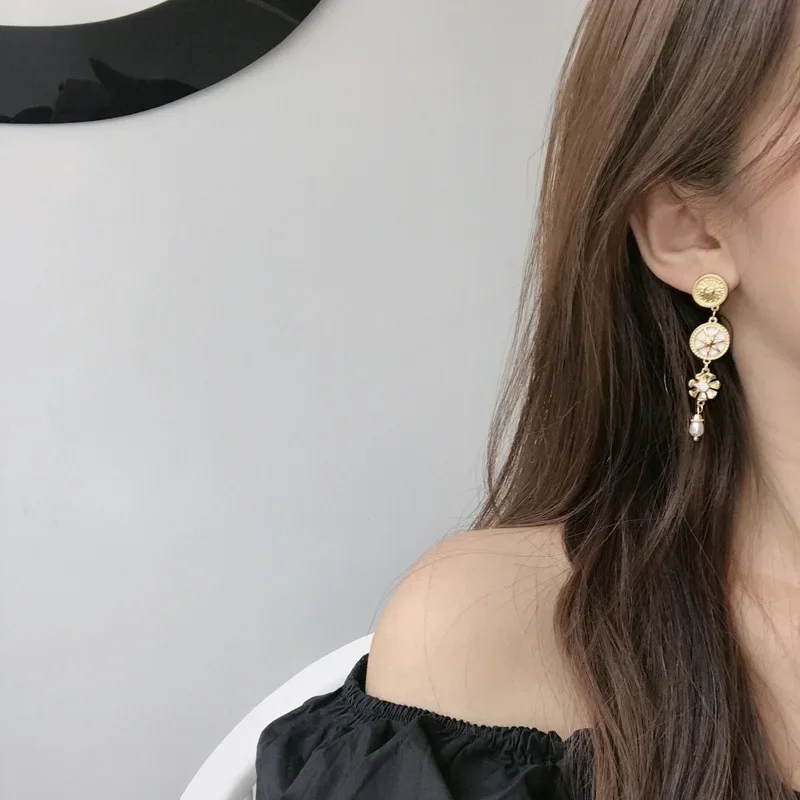 بارد الذهب اللون هندسية جولة زهرة شرابة كليب على الأقراط كوريا نمط جديد الأذن كليب طويل اللؤلؤ قلادة الأقراط لا ثقب #4