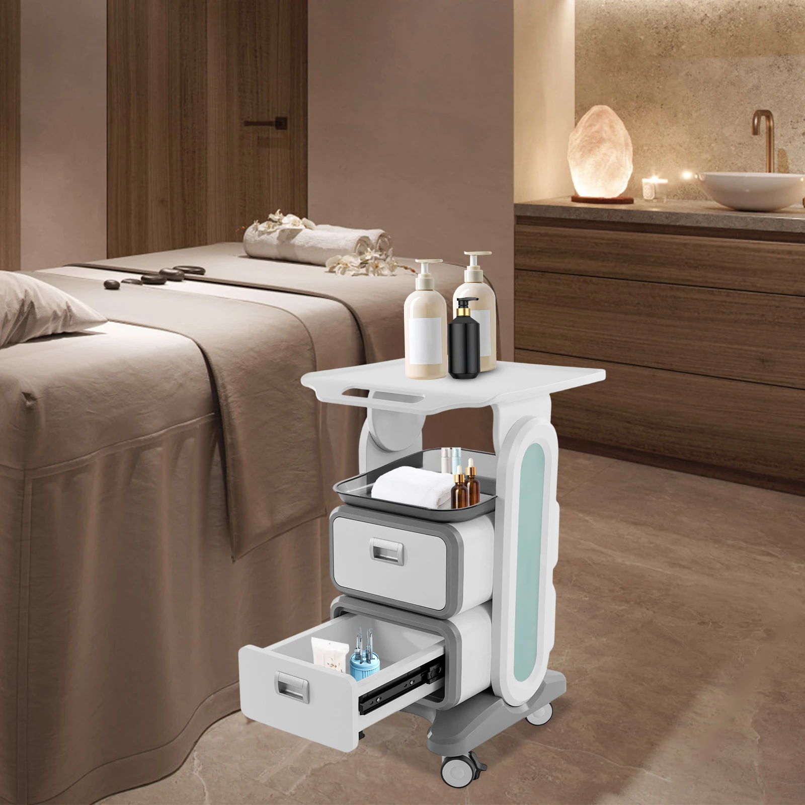 2 Tier Trays & 2 Drawers Salon Trolley Cart, 132LBS Load Capacity White Mobile Utility Cart, 44*44*73.5cm Medical Clinic Trolley With Silent Universal Wheels, Lockable Brakes And Ergonomic Handle For Hospital, Clinic, Dental ,Spa, Beauty Salon, Home Care