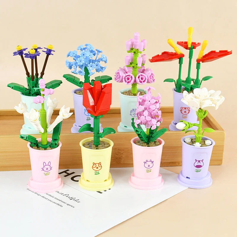 Building Block Flowers Bouquets 3D Model Plant Potted DIY Eternal Lowers Puzzl Block Toy Home Decor Valentine Child Gifts Toys