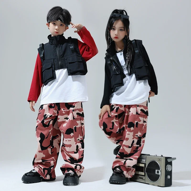 

Kids Hip Hop Clothing Sleeveless Jacket Vest Camouflage Casual Cargo Pants For Girl Boy Streetwear Dance Costume Showing Clothes