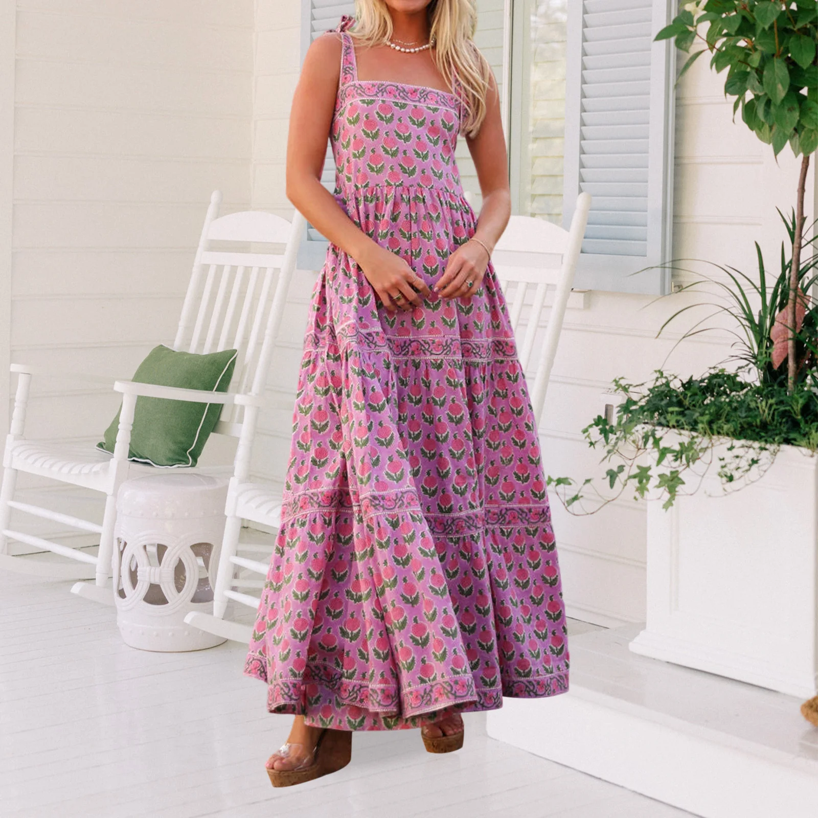 Nowa Damska Letnia Długa Sukienka Cami Fioletowa Bez Rękawów Kwiatowy Wzór Cienkie Ramiączka Sukienka Klubowa Gorąca Wyprzedaż S M L