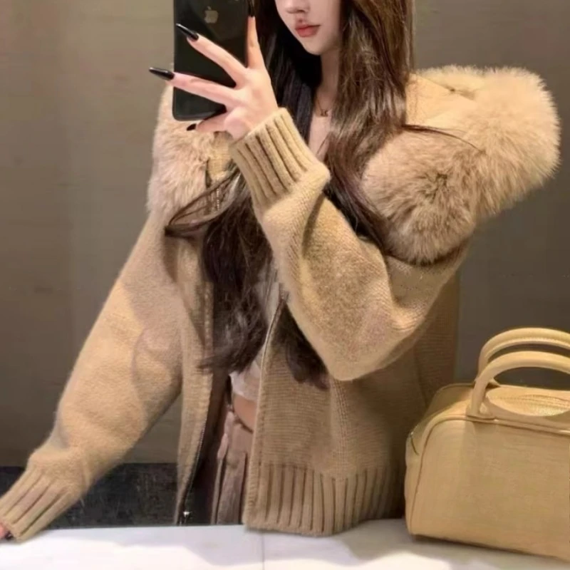 

Winter Female Sweater Hoodie Cardigan Fluffy Zipper Patchwork Long Sleeve Ribbed Solid Knit jacket Coat Women's Cardigan
