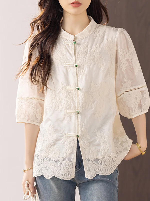 

New Chinese Sle Pure Color Embroidered Hollow out Lantern Sve irt Stand Collar Single Button Women's plus Size Top Summer