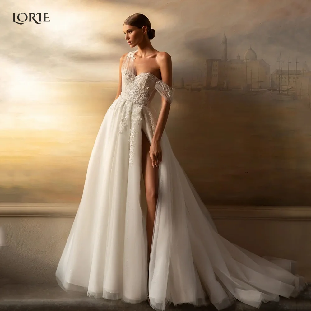 

LORIE Bohemia Glitter Lace Weddding Dresses Off Shoulder A-Line Backless Bridal Gowns Appliques Side Slit Princess Bride Dress