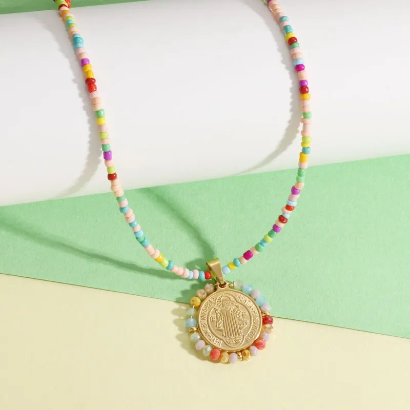 Christian Saint Benedict Pendant Boho Style Rainbow Bead Beaded Necklace Women Girls Religious Amulet Jewelry Anniversary