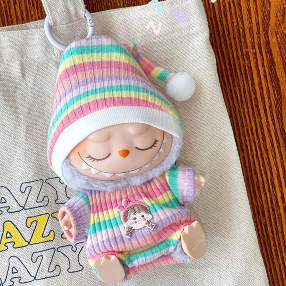 

For 17cm Labubu Mini Doll Clothing Striped Girl Jumpsuit Rainbow Sweater Set