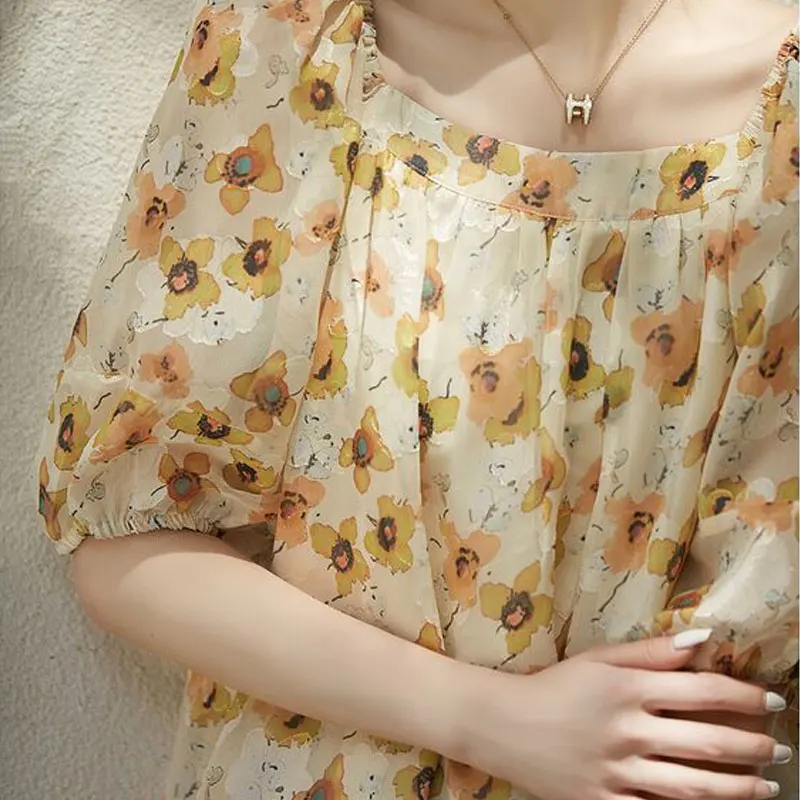 French Style Square Collar Loose Blouse Fashion Half Sleeve Women\'s Clothing Casual Folds Spliced Summer New Sweet Chiffon Shirt