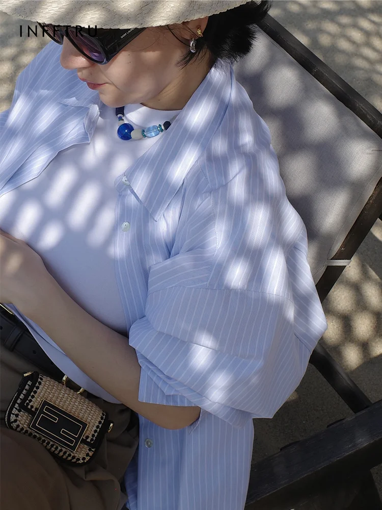 

Рубашка женская INFFTRU с длинным рукавом, свободного кроя, в полоску, цвета озерной синевы, из дышащего полиэстера, для делового повседневного стиля, комфортная, с защитой от морщин.