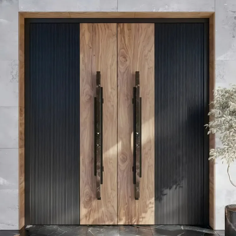 Dark Brown Stone Handle Matte Black Pure Copper Base High End Entrance Hardware Rich Wood Tone Matching Design