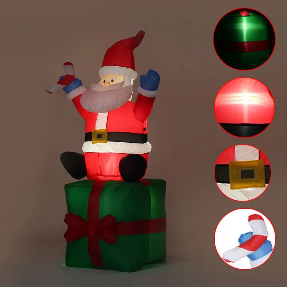 Christmas Outdoor Large Decoration 180cm Santa Claus Sitting On The Gift Box Balloon With Light Up LED Xmas Garden Yard Decor