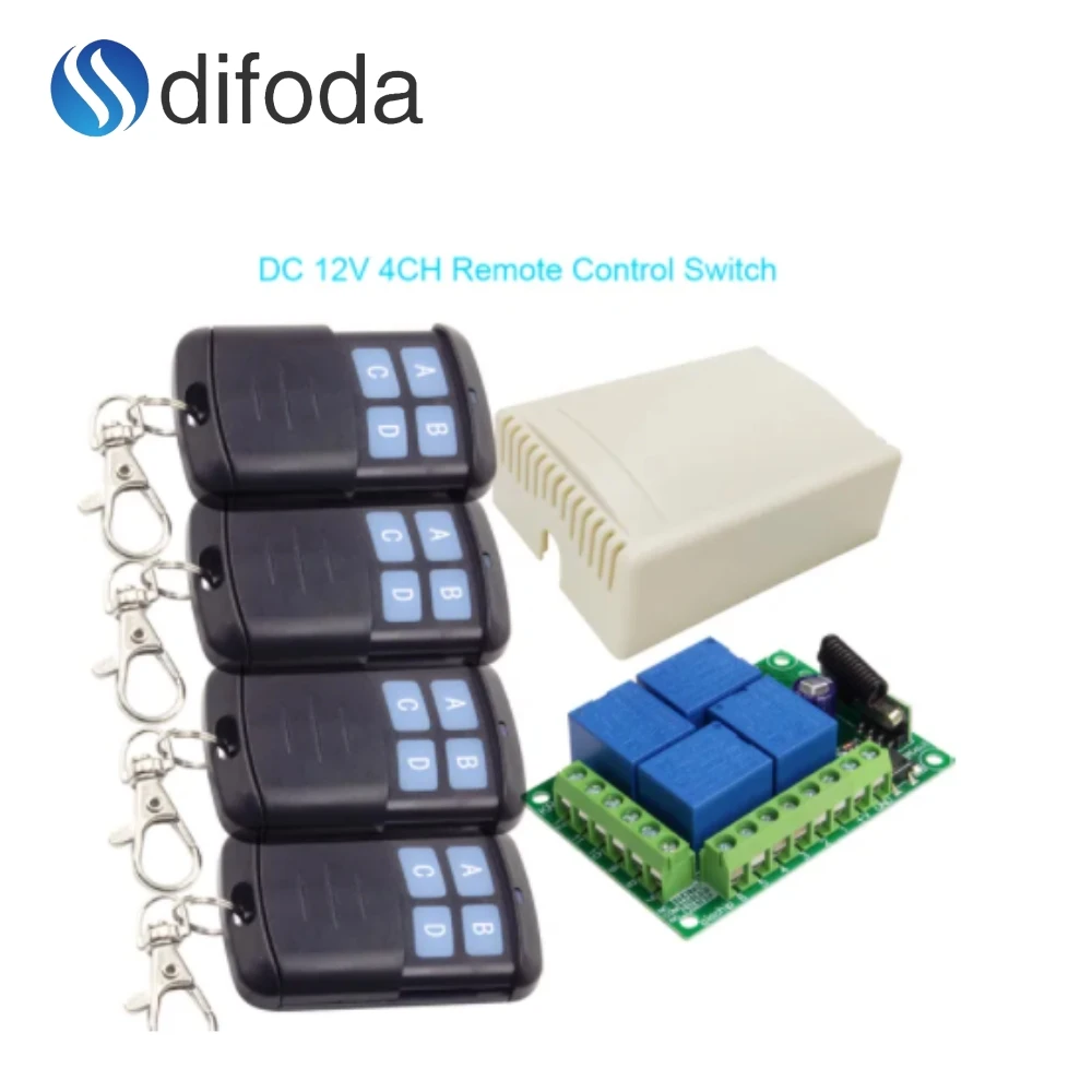 difoda rf 433Mhz Universal Wireless Remote Control Switch DC 12V 4CH Relay Receiver Module + 4pcs RF controllor Transmitter DIY