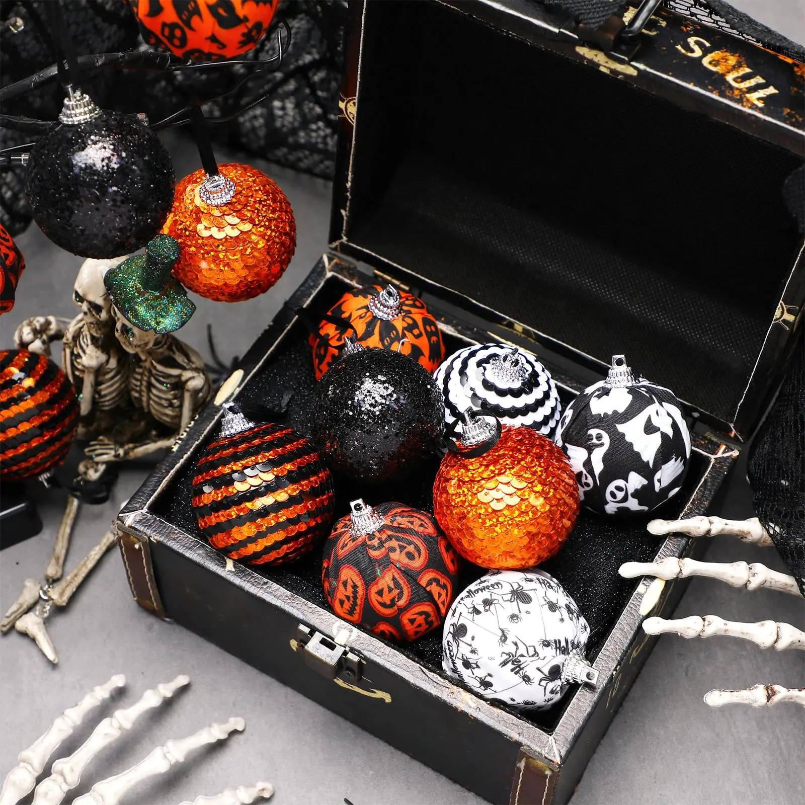 Halloween Ornaments Tree Decorations Indoor, 16ct 2 Inch Shatterproof Decorative Hanging Ball Ornaments Set for Tree