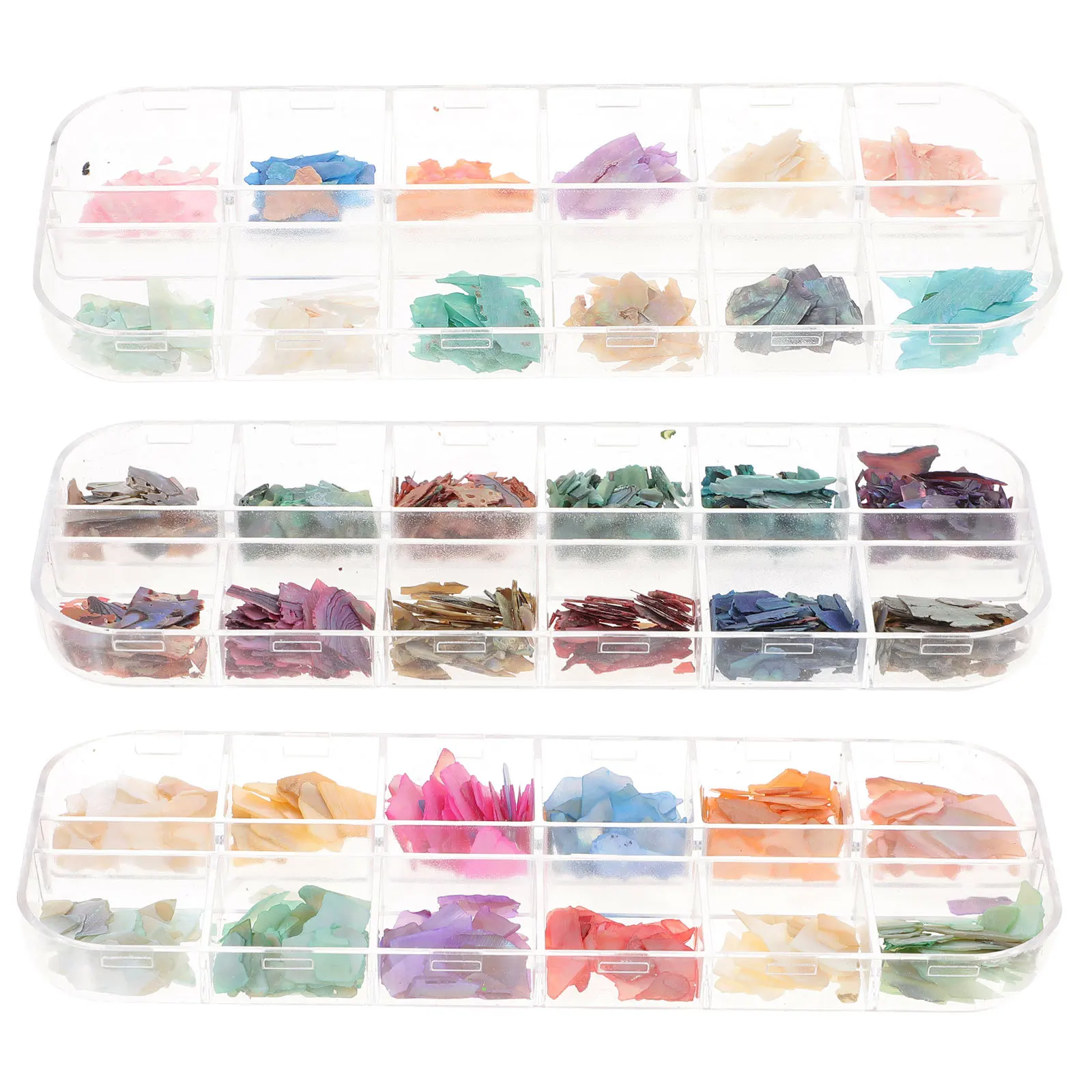 3 scatole di decorazioni per unghie con ciondoli per manicure, 12 griglie, fiocchi di conchiglia, toppe glitterate, accessori glitter per unghie fai da te per la casa del salone