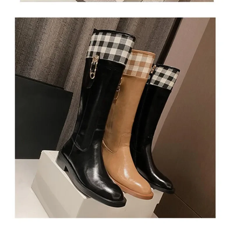 Knight Boots Winter New Women's Leather Long Knee Boots Casual Round Toe Ladies Shoes Luxury Chunky Heels Female Footwear Botas