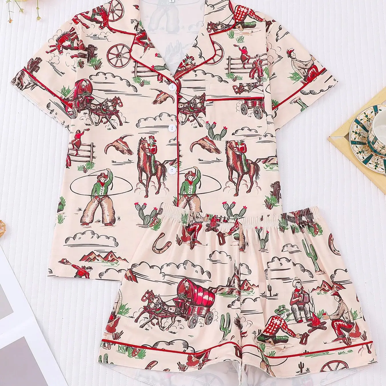 Western Denim Printed Pajamas, Loose Short-Sleeved Shorts, Soft and Skin-Friendly, Can Be Worn as a Two-Piece Home Outfit
