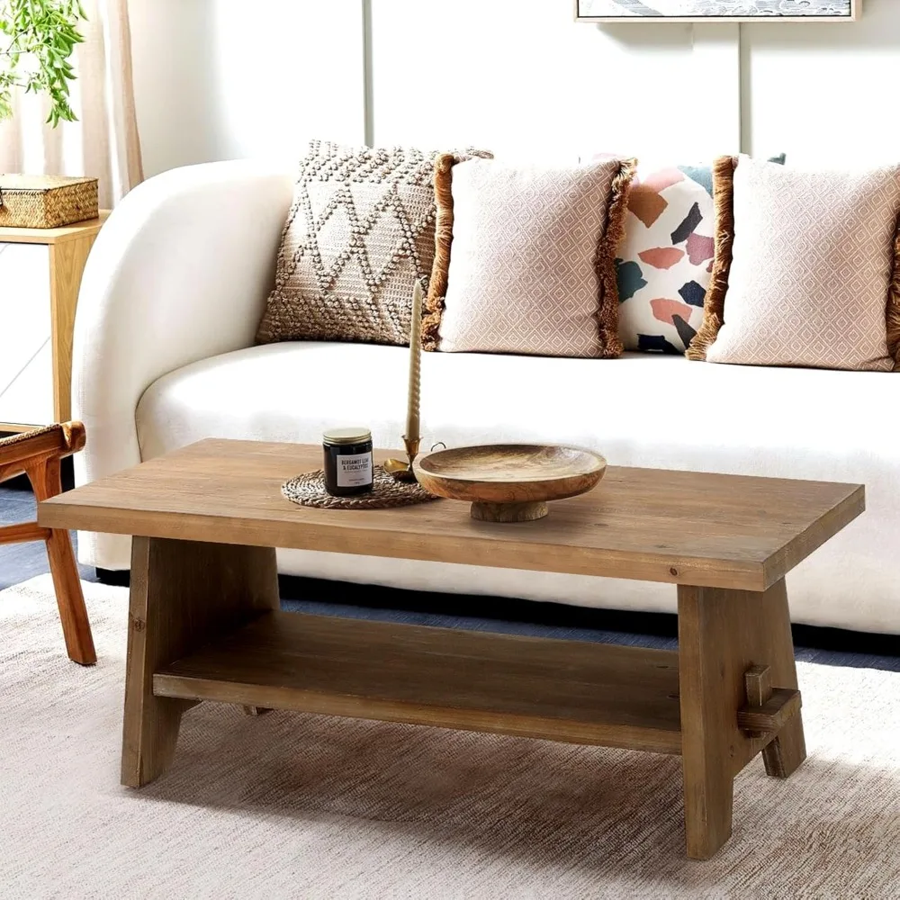 Farmhouse Wood Coffee Table - 43.4” Mid Century Modern Wooden Coffee Tables for Living Room | Solid Firwood Rectangle Table