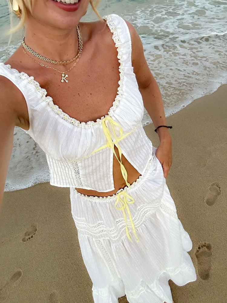 White Lace Skirt Set Women\'s Dress Outfits Summer Beach Cotton Matching Sets 2 Pcs Long Maxi Dress Set Vestidos Female 2025