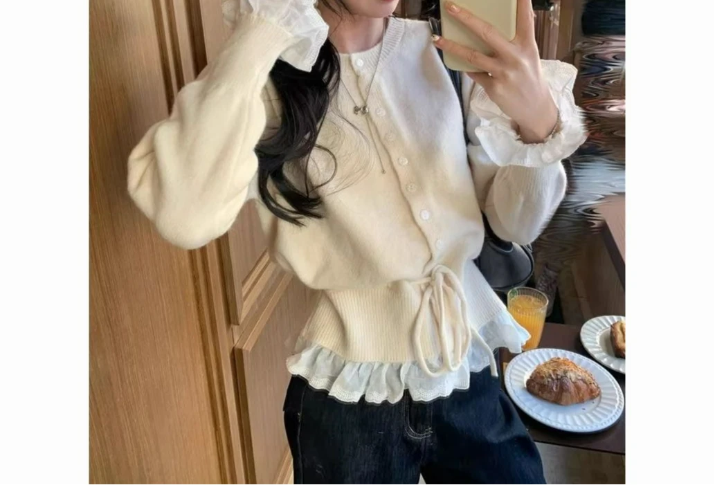 Lotus Leaf Edge Design Sweater Women's Cardigan 2026 Spring and Autumn New Round Neck Knitted Top Jacket