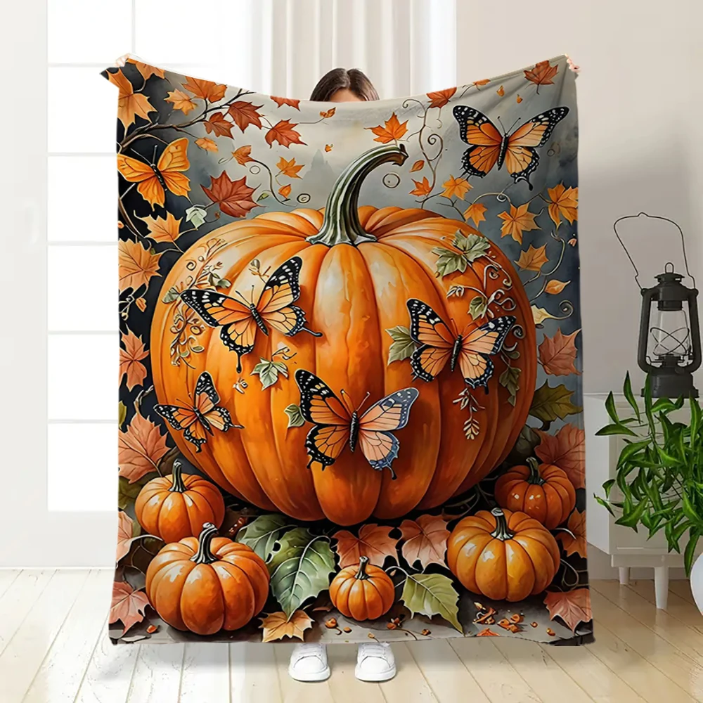 1 Piece of Realistic Giant Pumpkin, Butterfly, and Maple Leaf Print Flannel Blanket, Autumn Harvest Thanksgiving Vintage Living Room Decoration Soft Throw Blanket