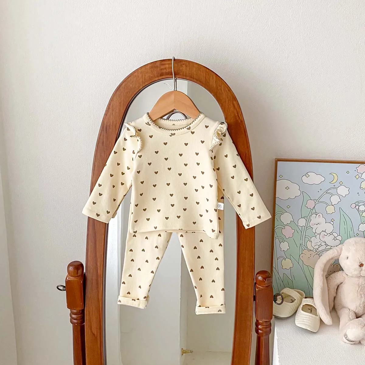 2pcs Baby Girl's Long Sleeve Crew Neck Tee + Trouser Set, Adorable Base-Layered Slightly Stretch Thermal Outfits, Winter & Autum