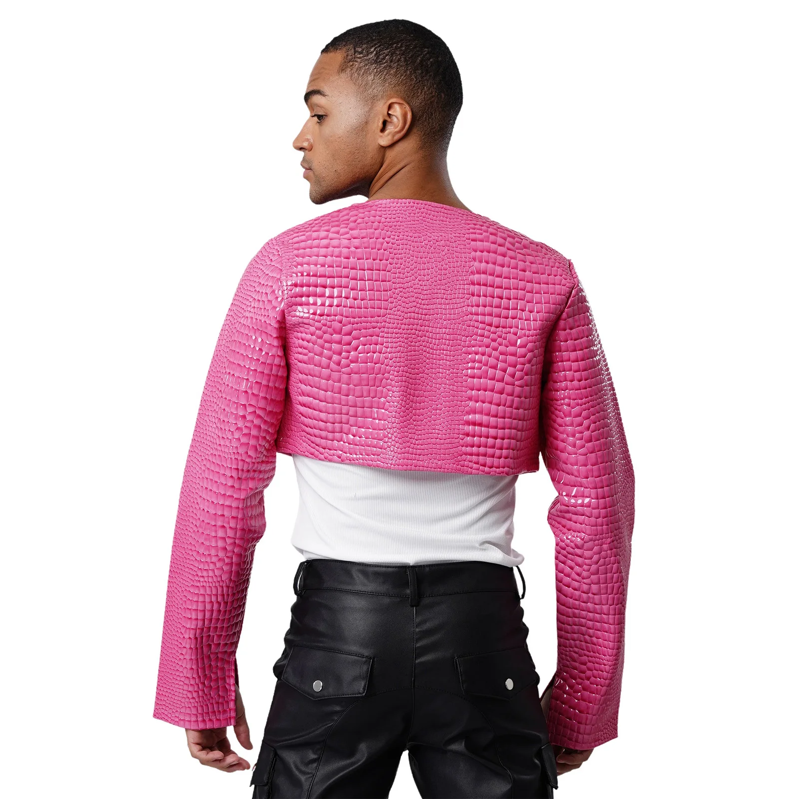 رجل جلد الثعبان النقش فو الجلود اقتصاص سترة طويلة الأكمام مفتوحة الجبهة دراجة نارية سترة مهرجان الهذيان ملابس خارجية للحفلات