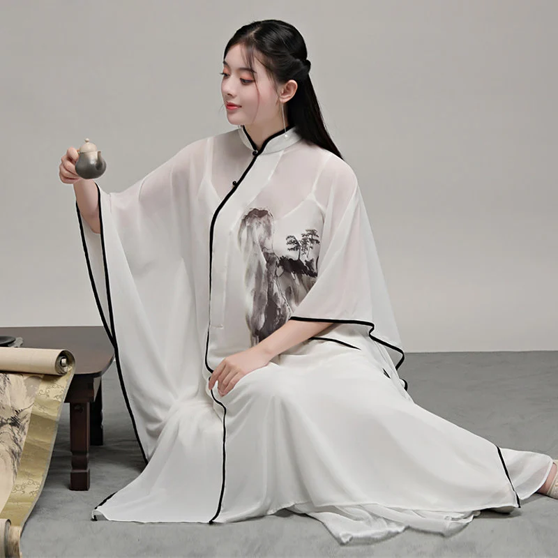 Women's Plus Size Tai Chi Suit 3-Piece Set Chinese Ethereal Slant Placket Frog Button Standing Collar Zen & Dance Wear Dress for