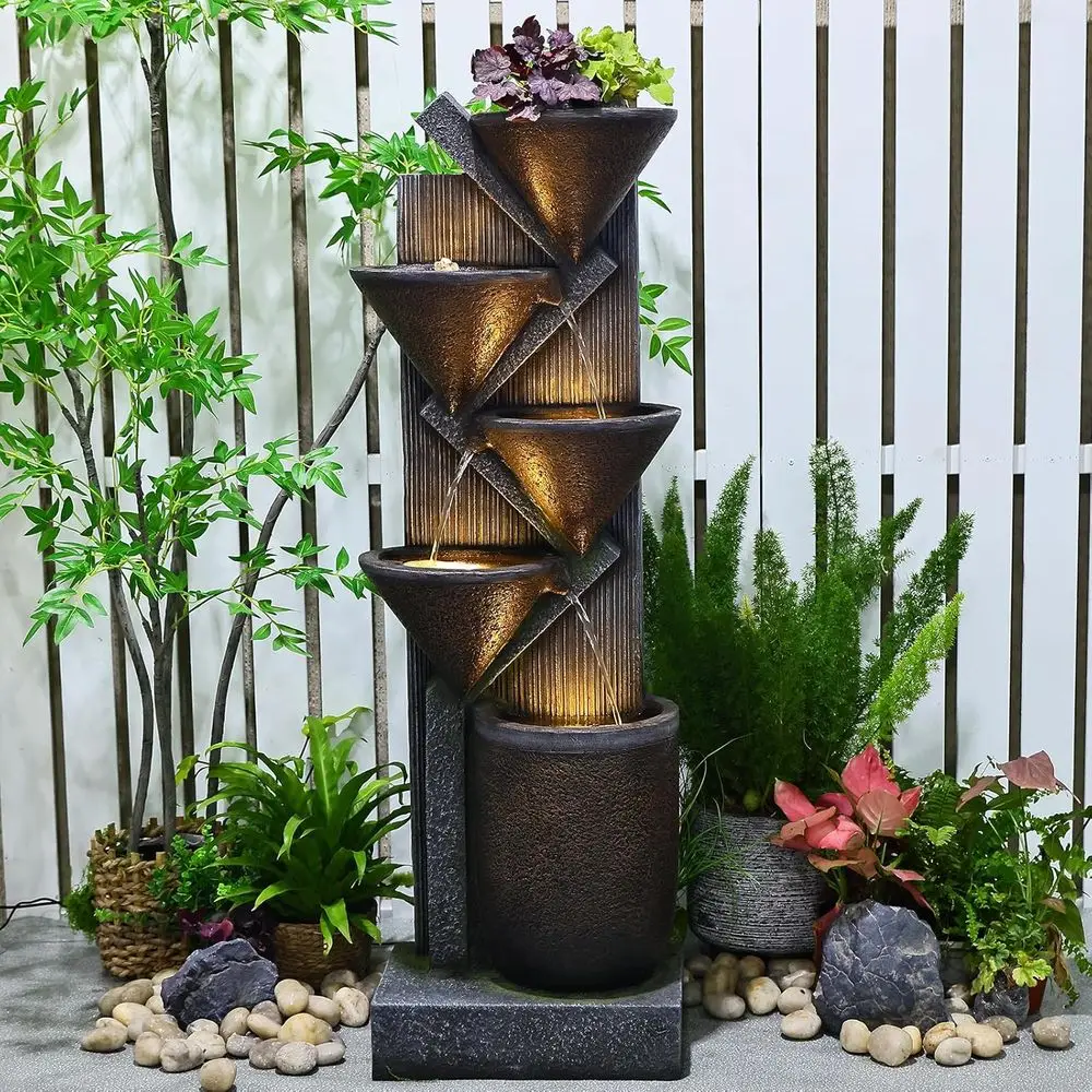 5-Tier Indoor Outdoor Waterfall with LED Lights, Pump, and Natural Stones for Home and Garden Decor