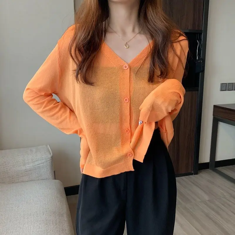 2022 New Cardigan Women Long Sleeve Cardigan Summer Cropped Cardigan Knitted V neck Thin  Sweaters Sunscreen Shirt  orange