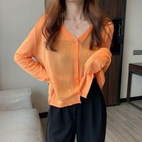 2022 New Cardigan Women Long Sleeve Cardigan Summer Cropped Cardigan Knitted V neck Thin  Sweaters Sunscreen Shirt  orange