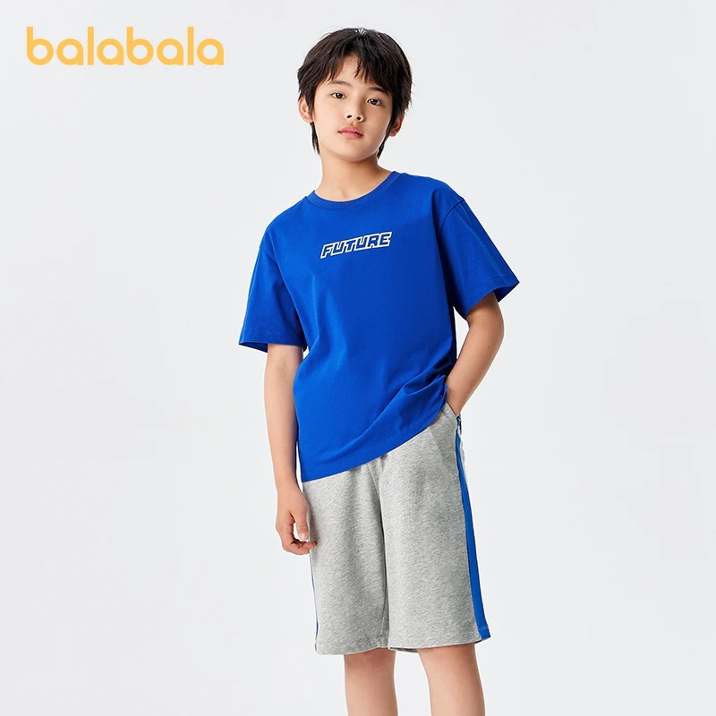 Balabala Children Short Sleeve Set Boys 2024 Summer New Middle and Big Kids Sports Two-Piece Set Pure Cotton Printed