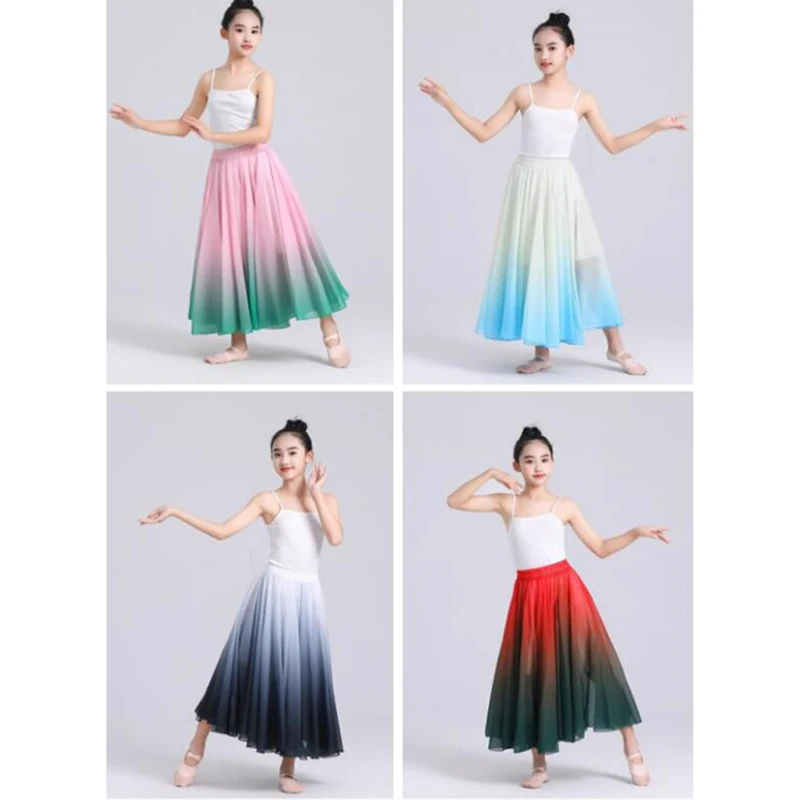 Women Girls Classical Dance Skirts 720 Degree Chiffon Elegant Gradient Color Modern Dance Skirts Practice Performance Costume