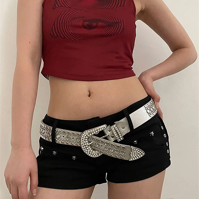 Cinturón de diamantes de imitación Punk Y2K para mujer, hebilla de Metal, pretina de moda, decoración de pantalones vaqueros, cinturón de chica picante