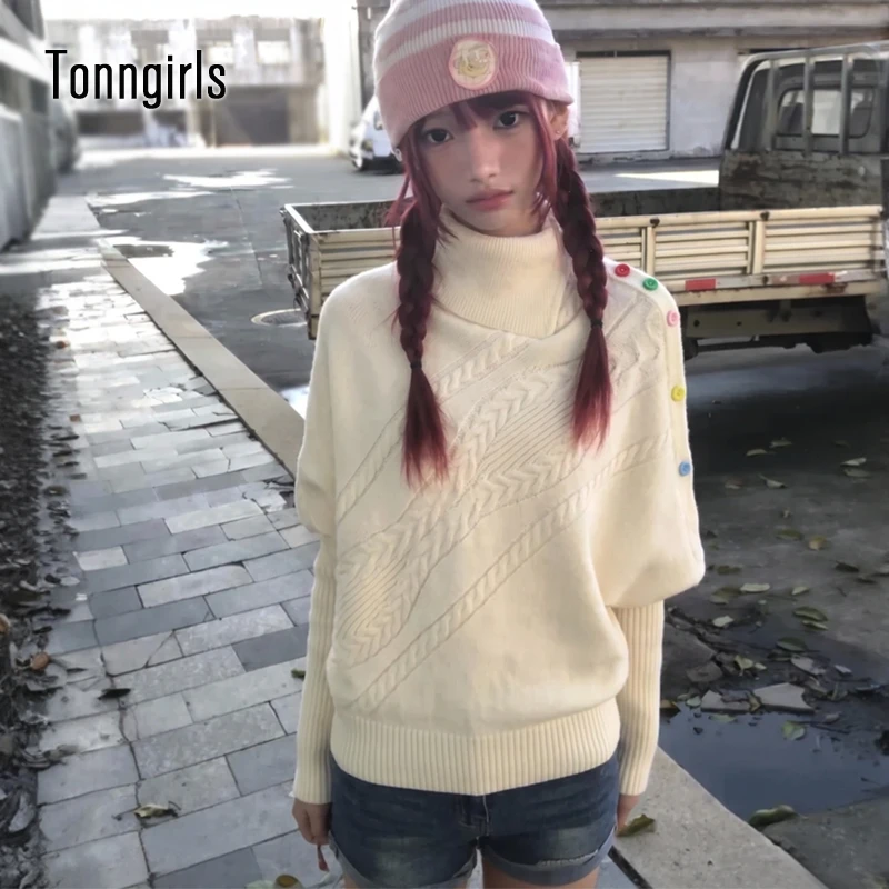 Tonngirls Y2k Aesthetic Irregular Sweater Women Cashmere Turtleneck Pullover Streetwear Vintage Tops Korean Style Knit Sweater