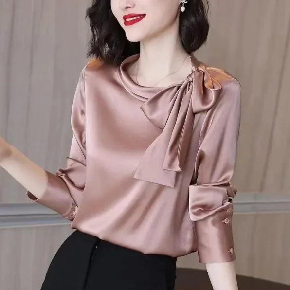 

Summer Autumn Office Lady Satin Solid Elegant Fashion Bow Shirt Women Long Sleeve Temperament Bottoming Blusa All-match Blouse