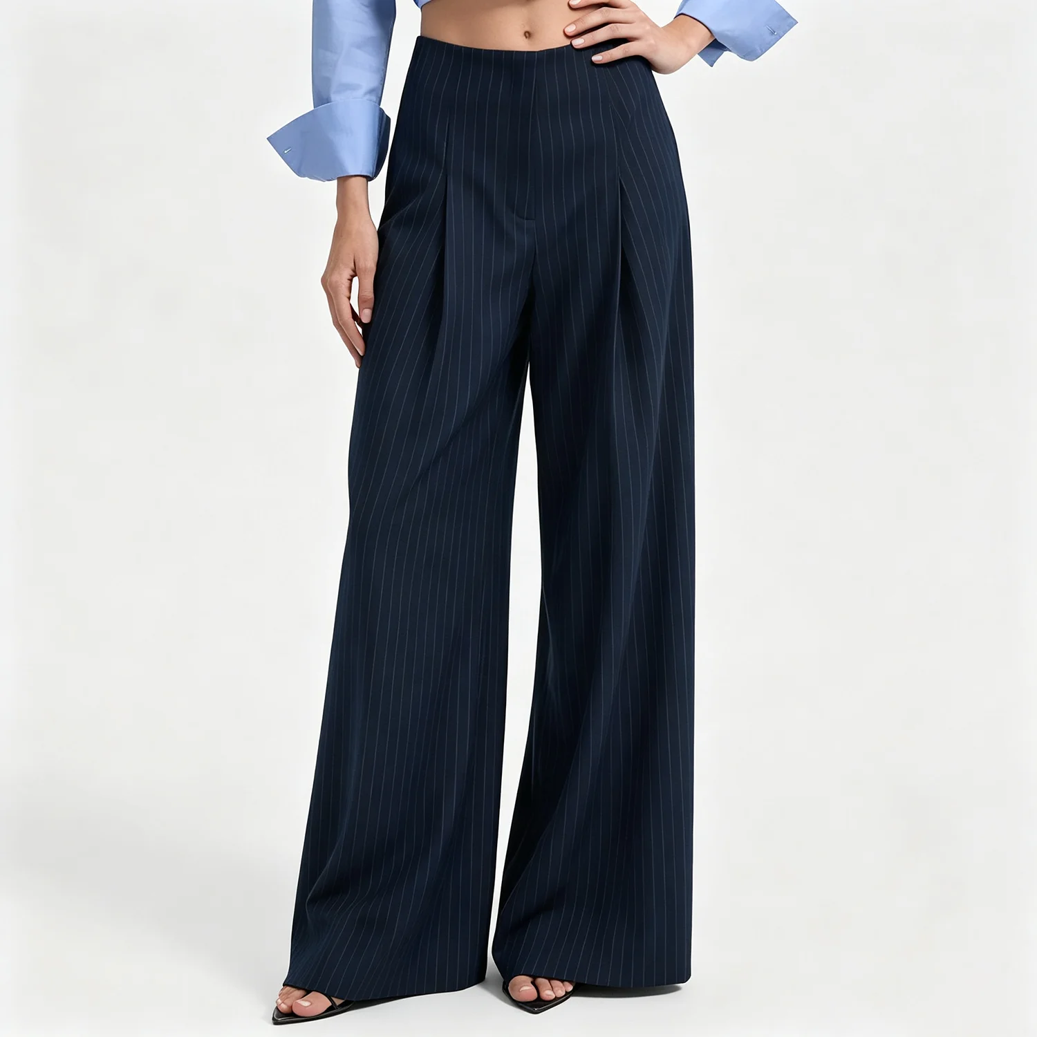 PUAL  2026 Women Navy Pinstripe Wide Leg Pants High Waist Pleated Loose Suit Trousers Elegant Office Formal Bottoms
