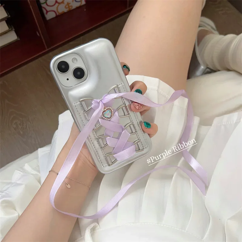 Sweet 3D Colorfu Ribbon Pink Blue Bow for iPhone Suitable for Apple 13 Phone Case For Lovely Women iphone 12 13 14 15 Pro Max