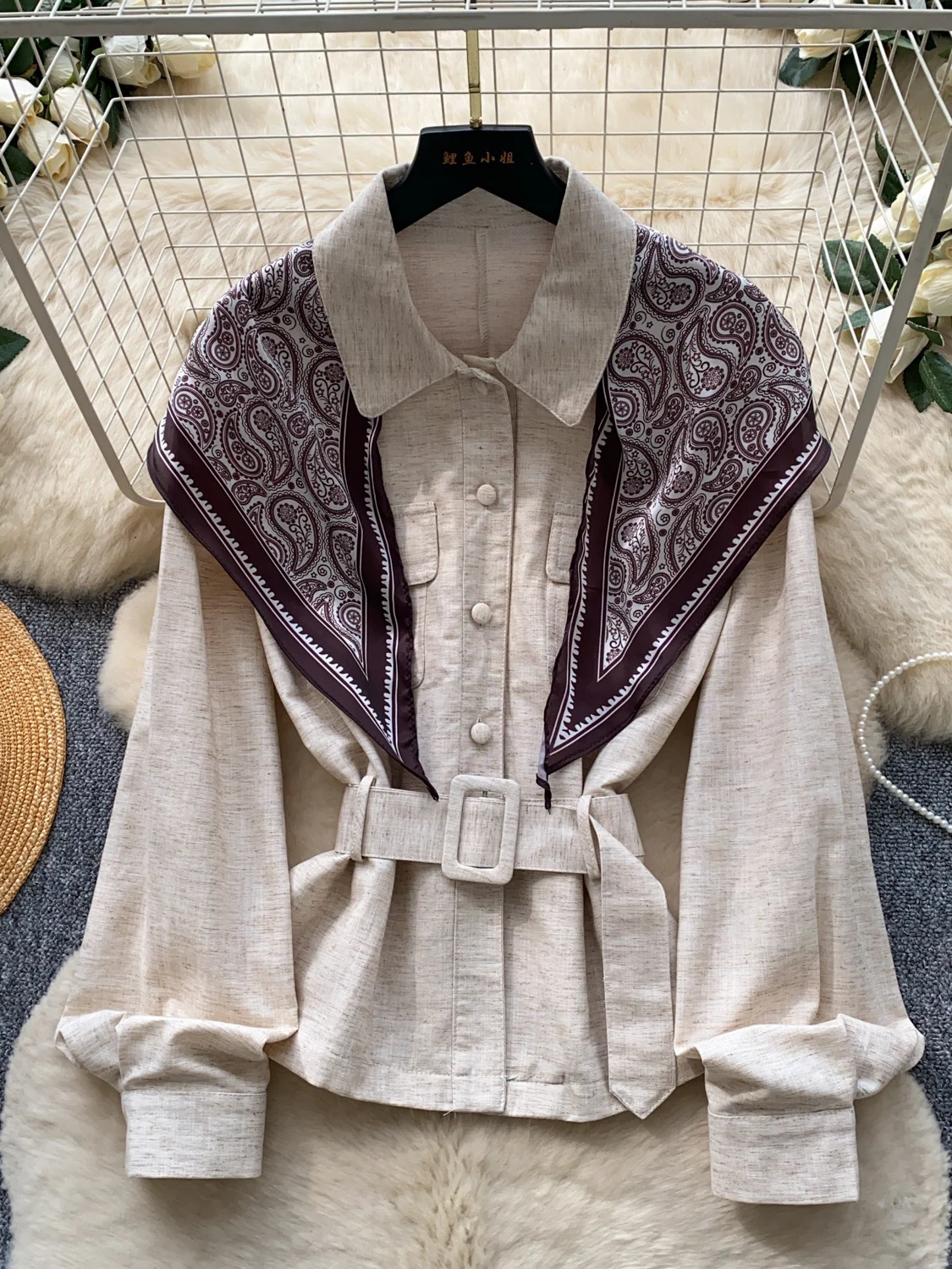 Loose Long Sleeve Printed Shirt Women's Style Commute Fashion Silk Scarf Waist Cinched Slimming Top Korean Version Polyester ...