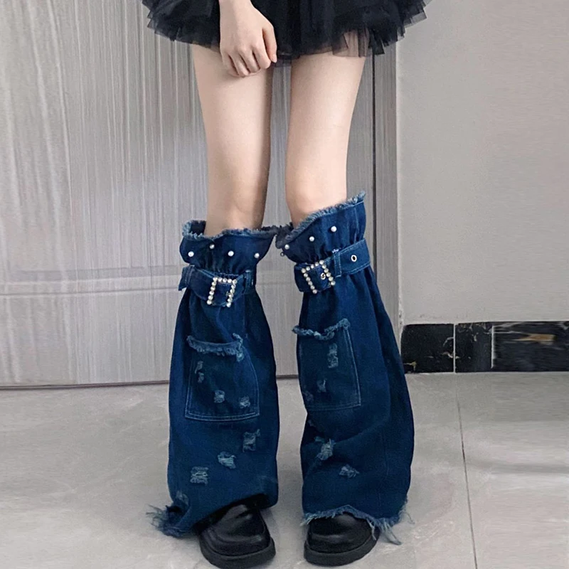 Women Denim Leg Warmers Adjustable Buckle Retro Knee High Socks Aesthetic Boot Cuffs for Streetwear Clothes Accessories